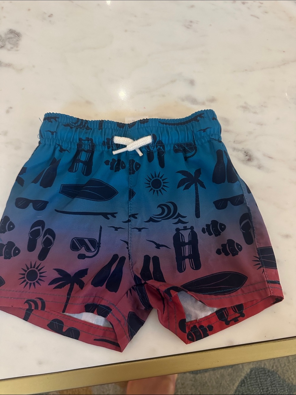 Appaman Blue-to-Red Ombre Swim Trunks with Navy Beach Icons